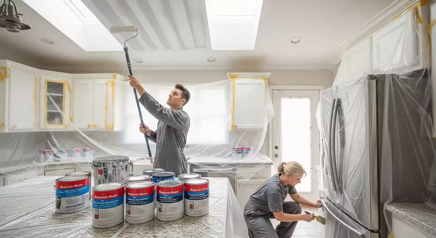 Profissional aplicando pintura em fachada residencial com três cores
