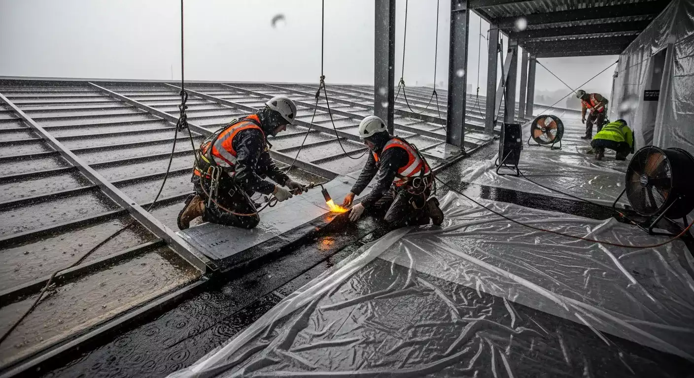 Profissional executando instalação de telhado